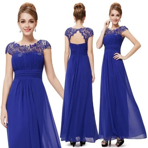 Blue Evening Gown Ball Gown Formal Evening Dresses Sleeveless Lace Decolletage - Picture 2 of 9